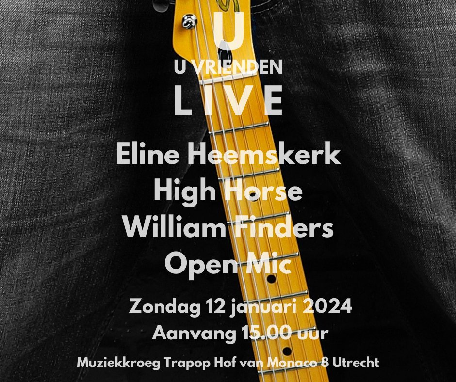 Aanstaande zondag 12 januari om 15.00 uur is de eerste editie van U vrienden Live in 2025 in muziekkroeg Trapop. Deze keer wordt je getrakteerd op semi-akoestische optredens van High Horse, Eline Heemskerk, William Finders en vier dapperen die meedoen aan de eerste Open Mic.