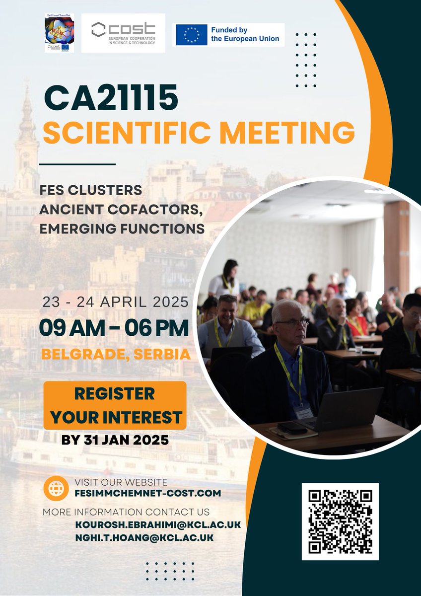fesimmchemnet's tweet photo. 🚨 Exciting news! The CA21115 Annual Scientific Meeting is happening on 23-24 April 2025 in Belgrade, Serbia.
Join us to explore "FES Clusters: Ancient Cofactors, Emerging Functions." Don't miss out - register your interest by 31 Jan 2025 here: https://t.co/KBuqfIwR3w https://t.co/lfx9BmcExO