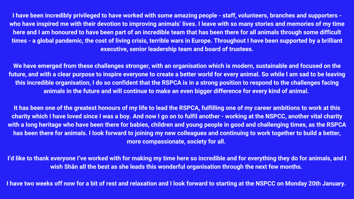 Chris Sherwood (@nspccchris) on Twitter photo Today marks my last day as Chief Executive of <a href="/RSPCA_official/">RSPCA (England & Wales)</a>. I'm incredibly proud of all that we have achieved together during my six and a half years as the CEO of this amazing charity which transforms the lives of animals every day. Here's my last post before I join <a href="/NSPCC/">NSPCC</a> 👇 Today marks my last day as Chief Executive of <a href="/RSPCA_official/">RSPCA (England & Wales)</a>. I'm incredibly proud of all that we have achieved together during my six and a half years as the CEO of this amazing charity which transforms the lives of animals every day. Here's my last post before I join <a href="/NSPCC/">NSPCC</a> 👇