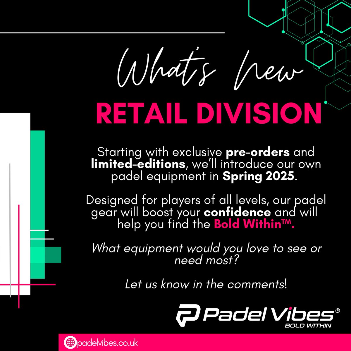 PadelVibes's tweet photo. 🎉 Exciting news! Padel Vibes is launching a new Retail Division! 🚀
Exclusive pre-orders & limited-edition gear coming soon. Boost your confidence & find your Bold Within™💪
What gear do you want to see? Let us know! 👇
#BoldWithin #PadelVibes #padelrackets #padelpassion https://t.co/88Eyz98Rst