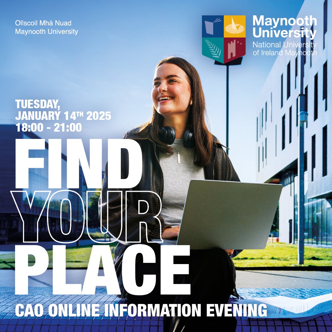 MU Applied Social Studies (@muappsocsc) on Twitter photo Find your place at Maynooth University - join us online for our Virtual CAO Information Evening!
Register to access our CAO Information Evening - January 14th 2025 from 6pm. <a href="/MaynoothUni/">Maynooth University</a> campaigns.maynoothuniversity.ie/cao/register/?… Find your place at Maynooth University - join us online for our Virtual CAO Information Evening!
Register to access our CAO Information Evening - January 14th 2025 from 6pm. <a href="/MaynoothUni/">Maynooth University</a> campaigns.maynoothuniversity.ie/cao/register/?…
