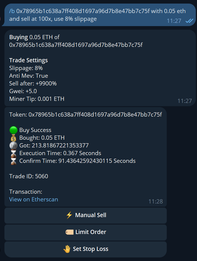 Imagine typing to a bot buy me 0.05 ETH of 0x78965b1c638a7ff408d1697a96d7b8e47bb7c75f, then sell my bag after 100x and use 8% slippage for the trade and it submits the trade with chosen values and created a limit order all in one prompt 🤯

Well this is exactly what you can do
