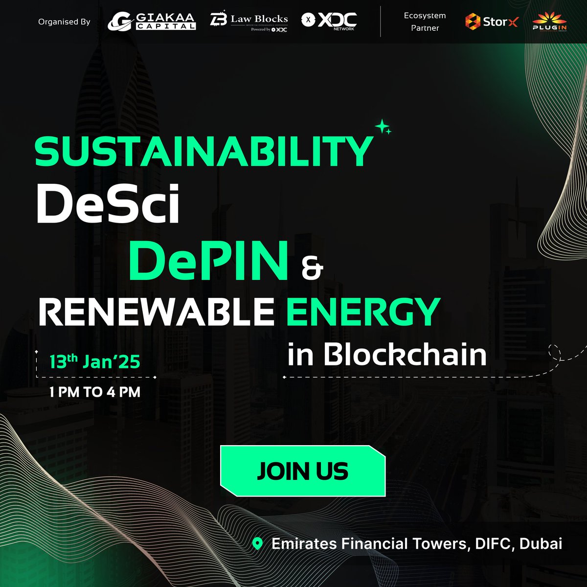 At Law Blocks AI, we believe in the power of blockchain to drive sustainable innovation.
We're thrilled to co-host the side event: Sustainability, DeSci, DePIN &amp; Renewable Energy in Blockchain!

📅 When? Monday, January 13, 2025
⏰ Time? 1:00 PM - 4:00 PM (GMT+4)
📍 Where?