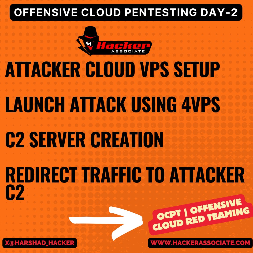 harshad_hacker's tweet image. 🚀 Day 2 of Offensive Cloud Penetration Testing is here!
🔥We’ll cover:
💻 Attacker Cloud VPS Setup
🎯 Launch Attack Using 4VPS
🛠️ C2 Server Creation
🔀 Redirect Traffic to Attacker C2
👉 hackerassociate.com
X: @harshad_hacker
Certification Modules:…