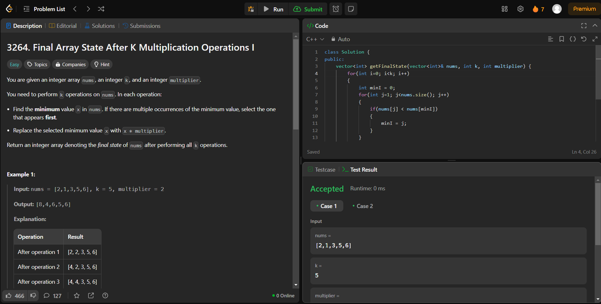 arav_mahind's tweet image. #Day27 of #30daysProductivityChallenge 

-- 📍Solved array related questions          
-- 💻Leetcode 
     - 1408. String Matching in an Array  
     - 3264. Final Array State After K Multiplication Operations I