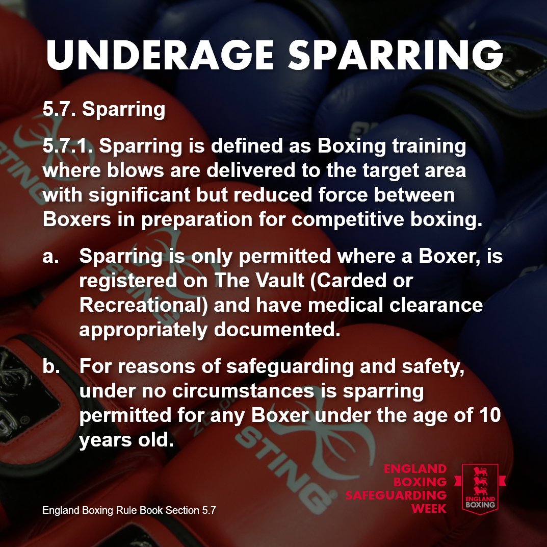 England_Boxing's tweet photo. 📂 England Boxing Rule Book
└📂 Section 5.7
└ 📂 Sparring
❌ Under 𝗻𝗼 circumstances is sparring permitted for 𝘢𝘯𝘺 boxers under the age of 10 years old 🚫
#EnglandBoxing | #SafeguardingWeek https://t.co/sjdFsjdaWH