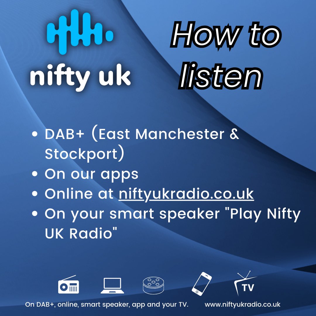 How to listen to Nifty UK Radio:

There's other ways to listen but that involves two cans, a piece of string and some high voltage cable. ⚡⚡
NB: We don't recommend this at all.

niftyukradio.co.uk 

#DAB #Manchester #Stockport #localradio