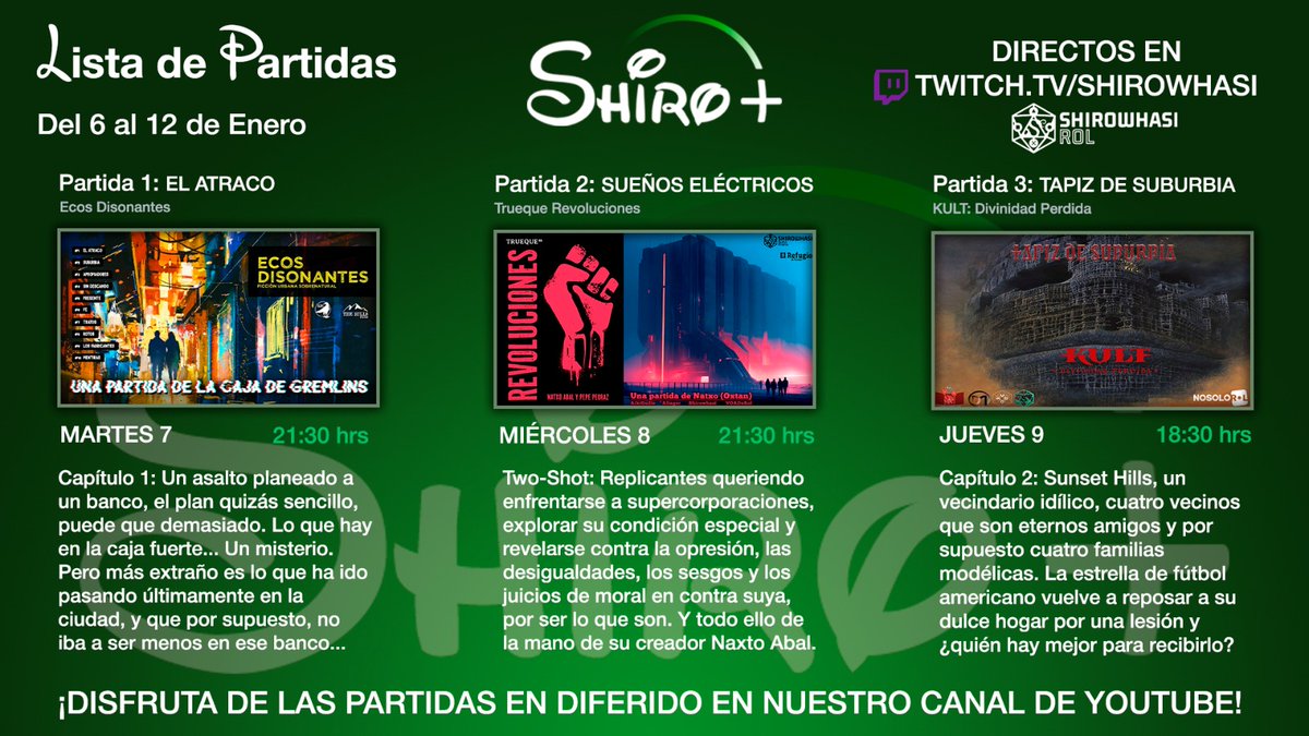 Shirowhasi 🎲 (@shirowhasi90) on Twitter photo ¡MUCHACHADA ROLERA! 👀
Esta semana la programación de #ShiroFLIX cae en martes, porque Reyes, PERO HAY:
3 partidacas. Empezamos el proyecto #EcosDisonantes de <a href="/TheHillsPress/">The Hills Press</a>, un Two-Shot de Trueque Revoluciones de <a href="/elrefugioedit/">El Refugio Editorial</a> nos dirige <a href="/Oxtan/">Natxo Abal 🍏📚 📜🎲🌒</a> y continuamos #TelardeSuburbia ¡MUCHACHADA ROLERA! 👀
Esta semana la programación de #ShiroFLIX cae en martes, porque Reyes, PERO HAY:
3 partidacas. Empezamos el proyecto #EcosDisonantes de <a href="/TheHillsPress/">The Hills Press</a>, un Two-Shot de Trueque Revoluciones de <a href="/elrefugioedit/">El Refugio Editorial</a> nos dirige <a href="/Oxtan/">Natxo Abal 🍏📚 📜🎲🌒</a> y continuamos #TelardeSuburbia