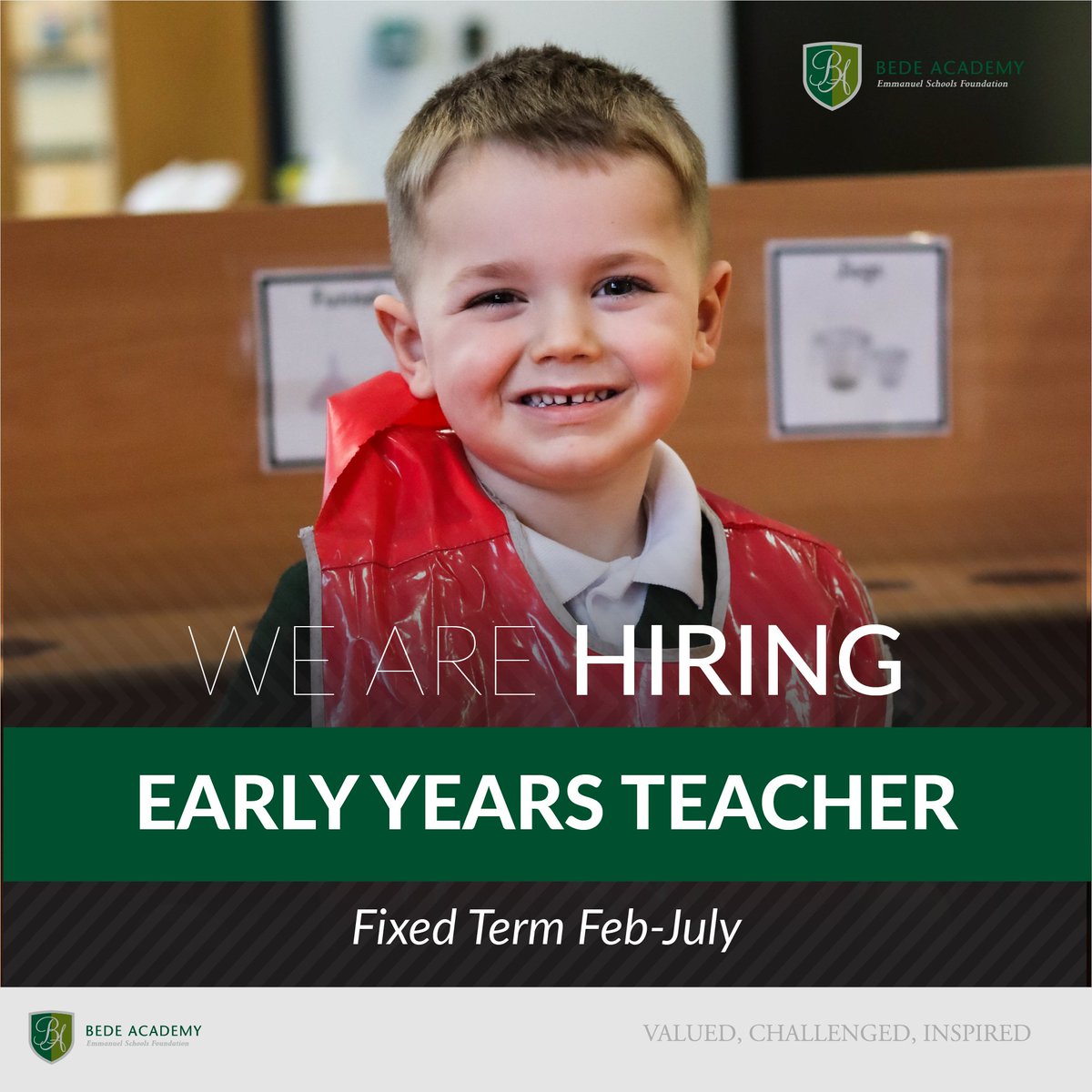 BedeSouth's tweet image. 🏫 WE ARE HIRING 🚸

Bede Academy Primary are looking to recruit an Early Years teacher who will enthuse pupils to learn with a combination of great subject knowledge, energy, and dedication.

see the link below. ⬇️
loom.ly/fLMQYoc 🍎
