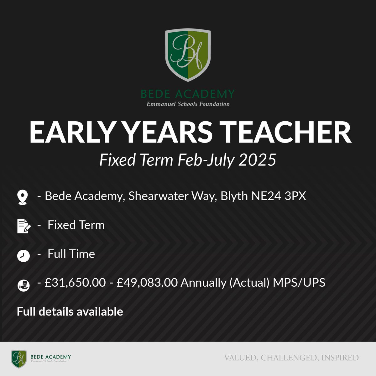 BedeSouth's tweet image. 🏫 WE ARE HIRING 🚸

Bede Academy Primary are looking to recruit an Early Years teacher who will enthuse pupils to learn with a combination of great subject knowledge, energy, and dedication.

see the link below. ⬇️
loom.ly/fLMQYoc 🍎