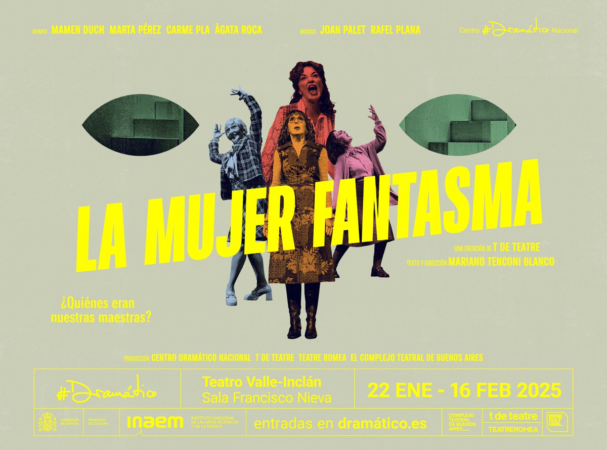 TdeTeatre's tweet photo. LA MUJER FANTASMA, el decimotercero espectáculo de T de Teatre, llega a Madrid.

LA MUJER FANTASMA una comedia delirante y excesiva, dirigida por @MarianoTenconi 

📆: Del 22/01 al 16/02 
📍: Teatro Valle-Inclán - @centrodramatico 
🎟️:https://t.co/ihYzKJNaOd

#tdeteatre https://t.co/smVhbU54S6