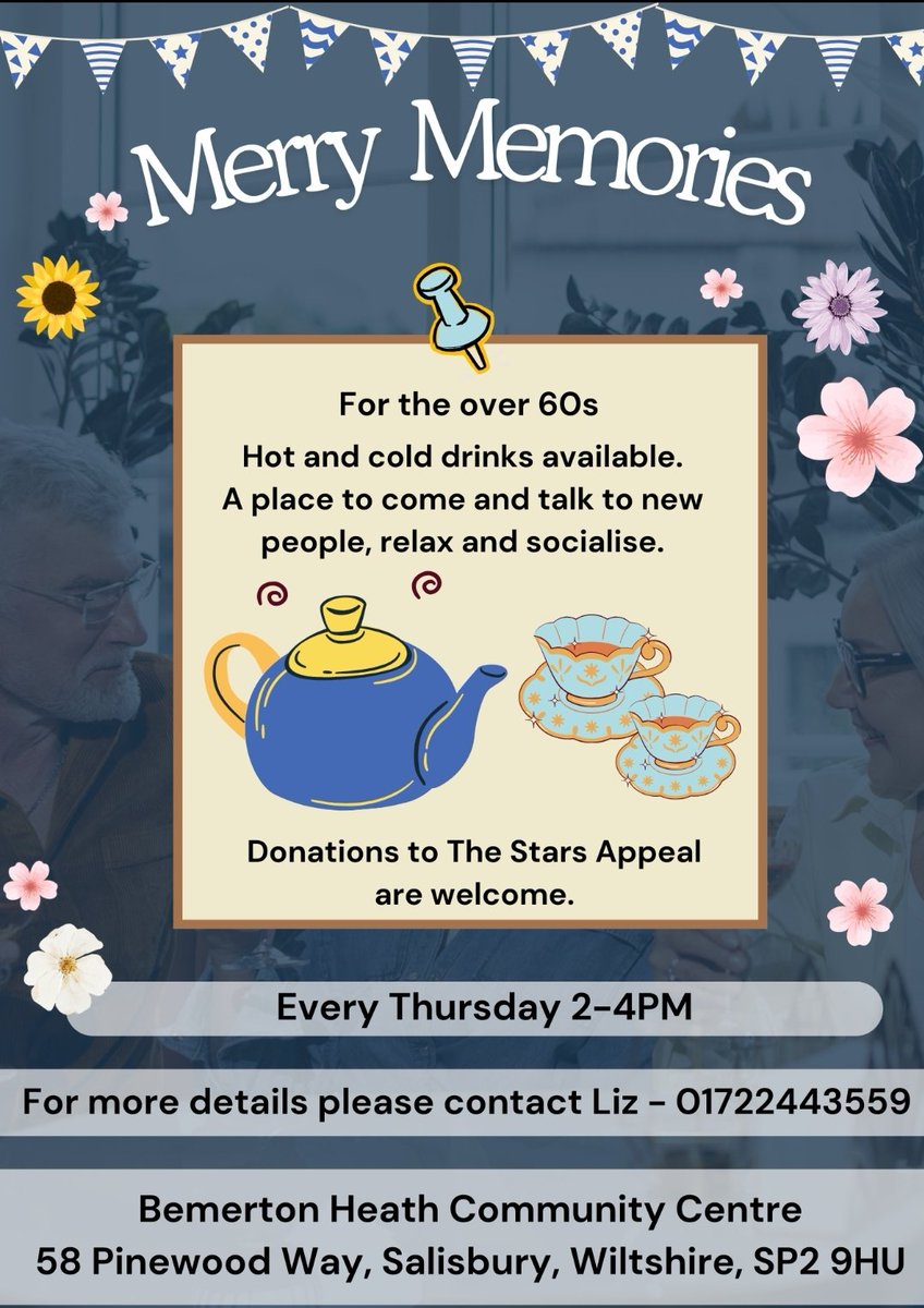 A new group for the Over 60's starting on 23rd Jan in Salisbury. This is a #dementiafriendly group. Please share @AgeUKWiltshire <a href="/AlzheimersSupp/">Alzheimer's Support</a> <a href="/AWPNHS/">AWP Mental Health</a> <a href="/OdstockRadio/">Radio Odstock www.radioodstock.org.uk</a> <a href="/PALSatSDH/">PALS<a href="/SalisburyNHS/">Salisbury Hospital</a>Trust</a> @SalisburyNHS <a href="/SFTTherapyTeam/">SFT Therapy</a> <a href="/HarnhamNetwork/">Harnham Community Network</a> <a href="/HISCSR/">Home Instead Salisbury & Romsey</a> <a href="/StarsAppeal/">Stars Appeal</a>