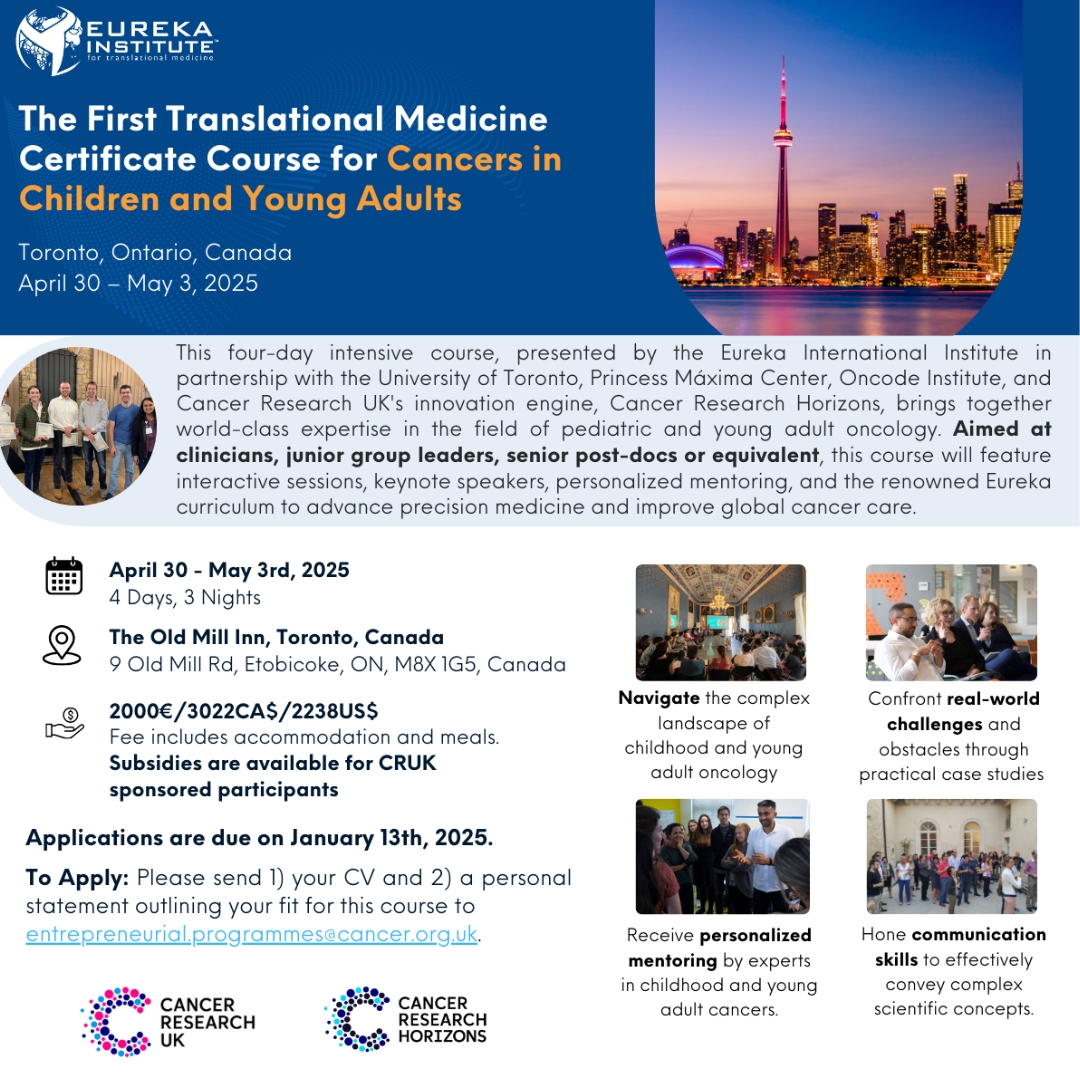 Cancer Research Horizons (@cr_horizons) on Twitter photo Apply by 13 January 🚨
There’s still time! If you're a researcher working in #PaediatricOncology, join the first Translational Medicine Certificate Course for Cancers in Young Children and Young Adults.
To apply, email entrepreneurial.programmes@cancer.org.uk Apply by 13 January 🚨
There’s still time! If you're a researcher working in #PaediatricOncology, join the first Translational Medicine Certificate Course for Cancers in Young Children and Young Adults.
To apply, email entrepreneurial.programmes@cancer.org.uk