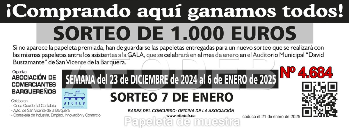 Buenos días, acabamos de celebrar el tercer #Sorteo de la Campaña de #Navidad "Comprando aquí ganamos todos" 2024 de #sanvicentedelabarquera
➡️ Comprueba tus papeletas y mucha #suerte 💶 1.000 💶
👉Mas info aquí: bit.ly/4fT5C93
#aquisiempretoca #yoapoyoelcomerciolocal