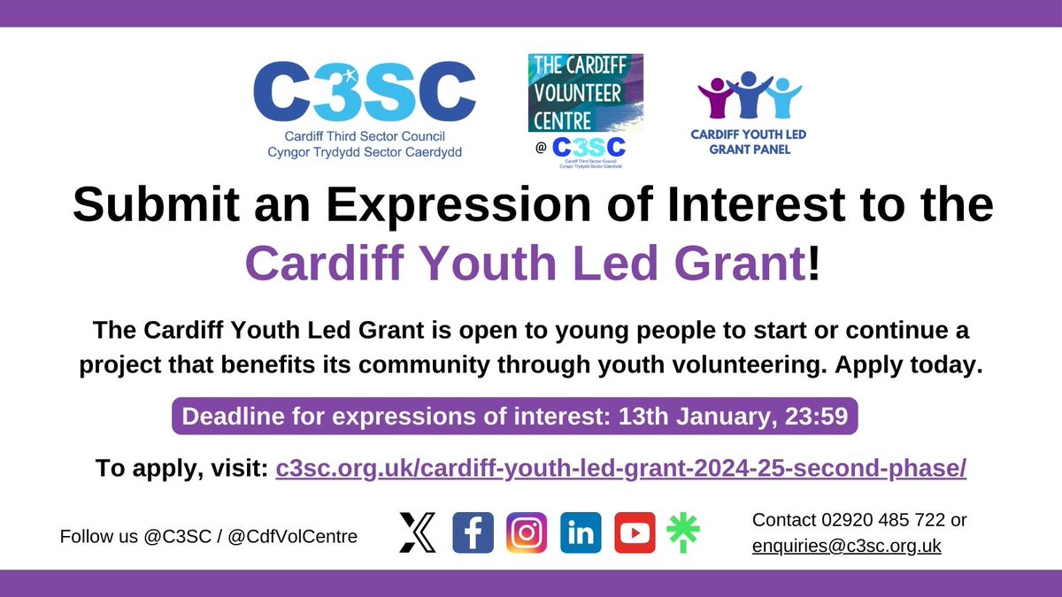 ‼️ There's now less than a week to submit an Expression of Interest to the Cardiff #YouthLedGrant. Our panel made up of young people will choose which Cardiff youth projects to fund. Don't wait - please share/apply!

Deadline: 13th January, 23:59
Visit: c3sc.org.uk/cardiff-youth-…