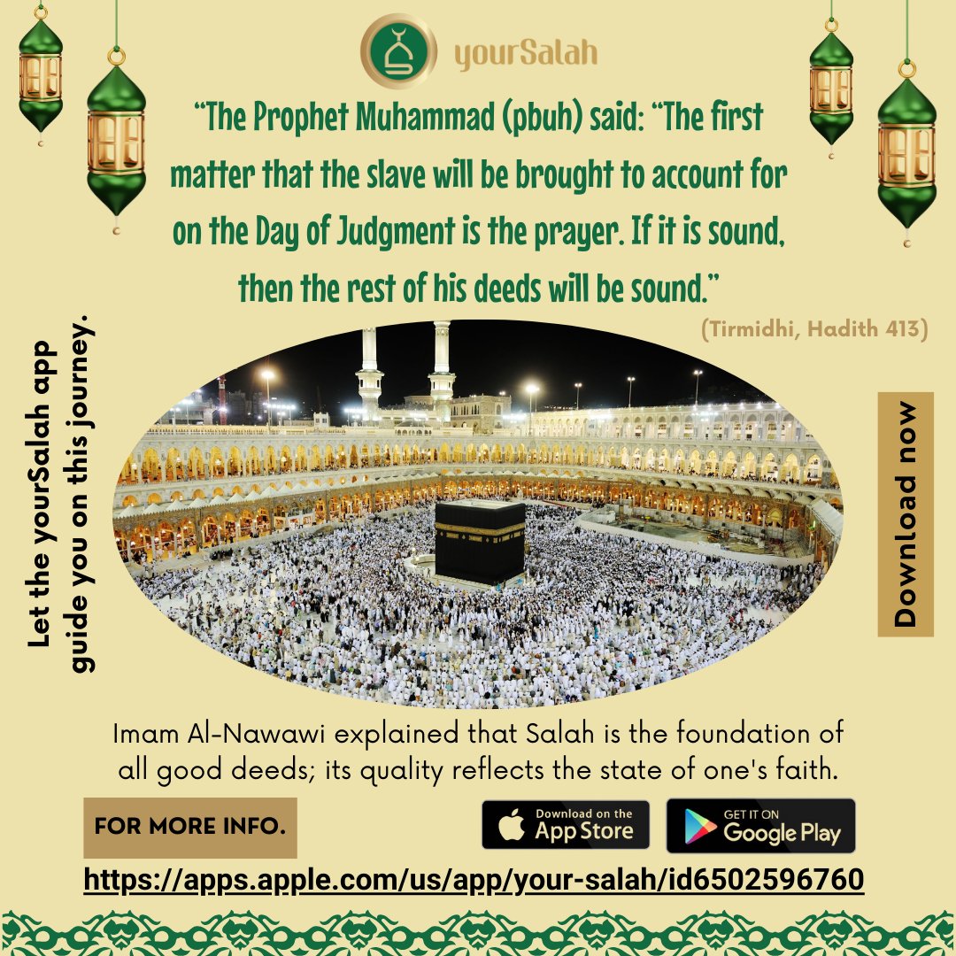 yoursalah2024's tweet image. 🌟 “The first matter judged on the Day of Judgment is Salah. If sound, all deeds will be sound.” 🌟
🤲 Tirmidhi, Hadith 413. Prayer is the foundation of righteousness. Strengthen your Salah today.
📲 Learn more: yoursalah.net
#SalahMatters #HadithReminder #DayOfJudgment