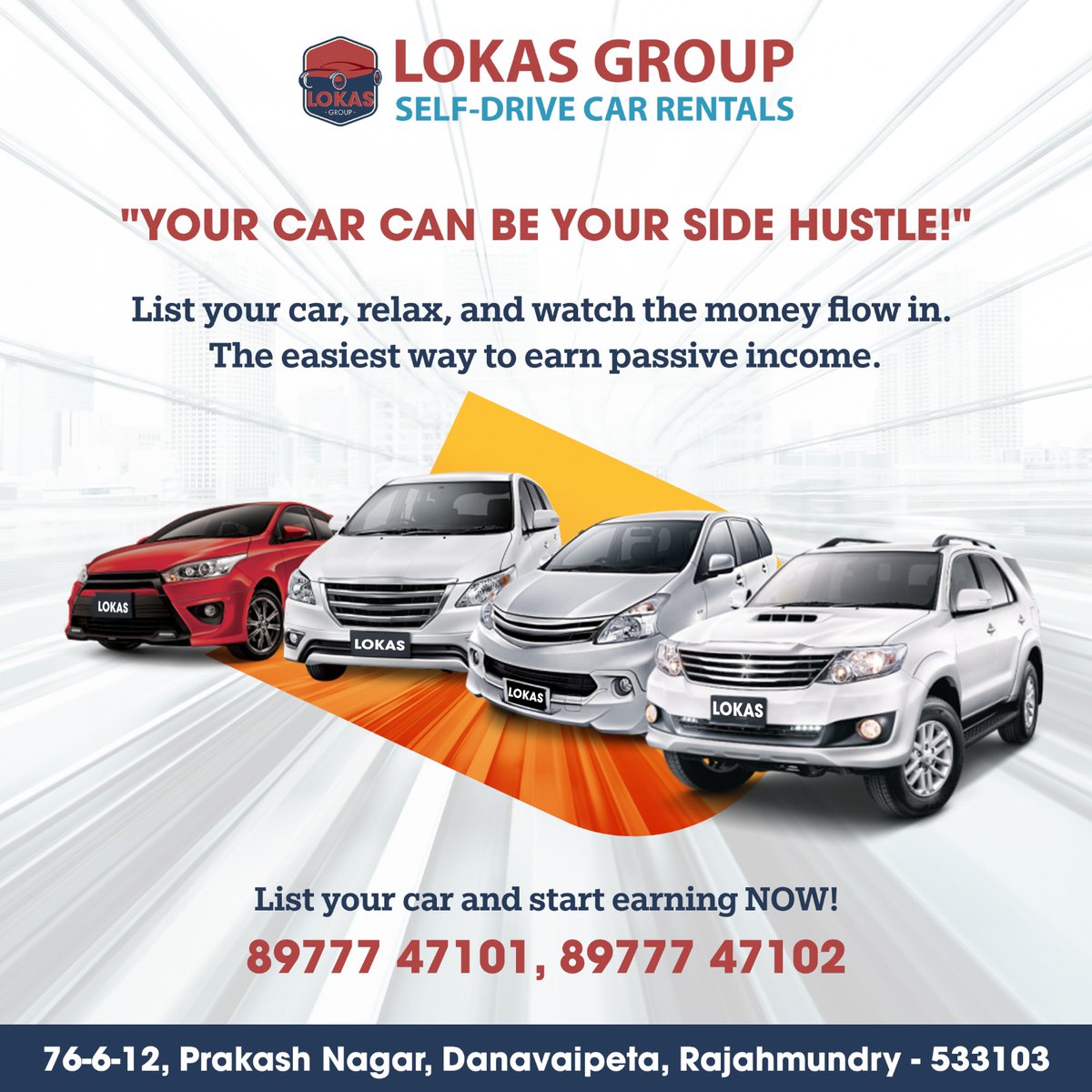 lokasgrouprjy's tweet photo. Attach your car with Lokas Group self-drive rental cars and earn monthly income * just call 8977747101/ 8977747102. 

* Terms and Conditions apply. Payouts are subject to Car make, model and condition

#lokasgroup
#selfdrivecars
#incomefromcar
#carattachment https://t.co/1lPNvNfqU9