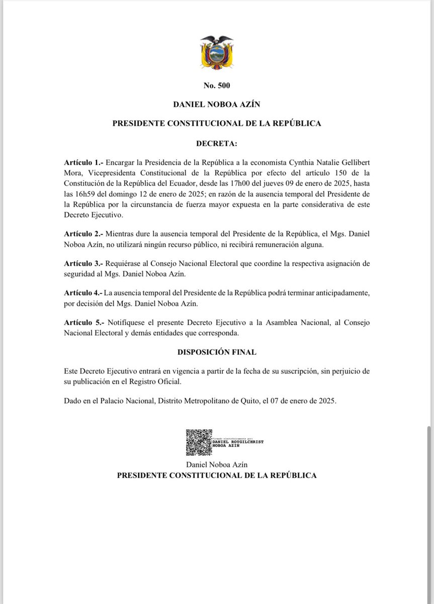 LaPosta_Ecu's tweet photo. Ecuador tiene una nueva Presidenta. Con el decreto 500, Daniel Noboa encarga la Presidencia a Cynthia Gelibert hasta el 12 de enero. ⬇️ https://t.co/VrPK2ao22M