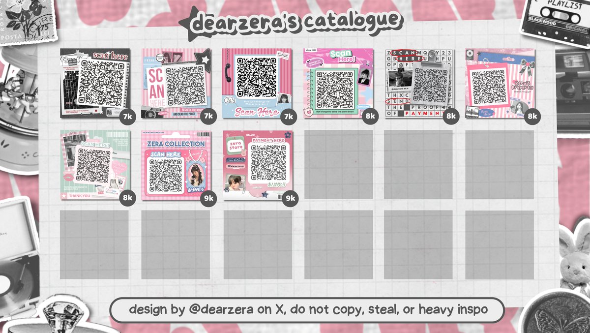 halloo zera udah open qr deco nih ada katalog baru juga! 🍡

 ── .✦ start from 4k - 9k aja, bisa ubah pattern &amp; add pic/text di tengah qris. avail inrush selama tanya dulu ya 🩷

🗝️ order :: <a href="/dearzera/">zera ♡⸝⸝ order ke wa & tele</a> atau t.me/dearzera

t. #zonauang