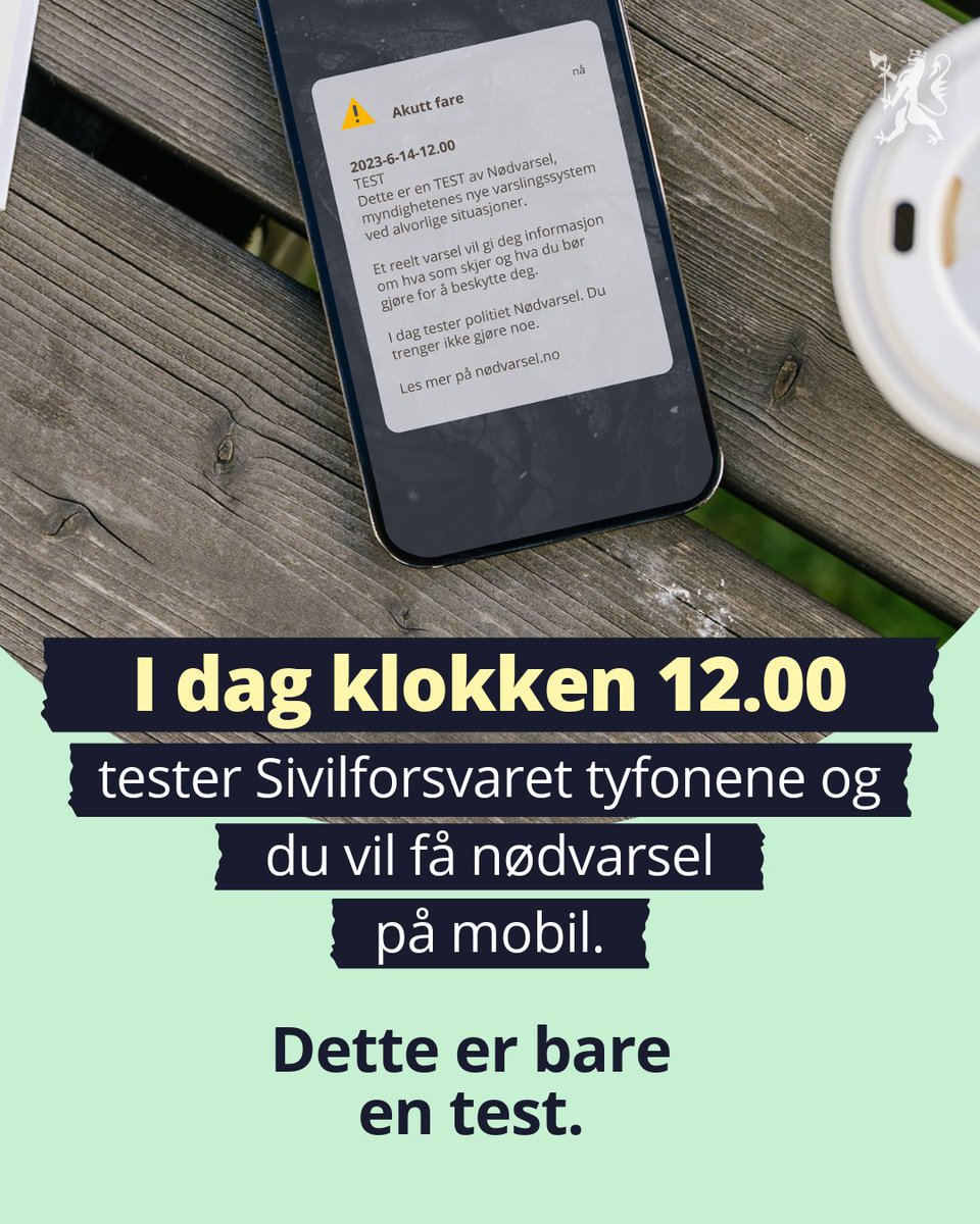 I dag klokken 12 tester myndighetene varslingsanleggene i større byer og tettsteder. Samtidig testes Nødvarsel på mobil.

Les mer på nødvarsel.no for informasjon om Nødvarsel på mobil.