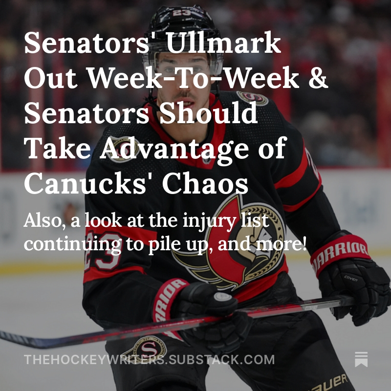 THWSenators's tweet photo. Linus Ullmark is listed as week-to-week, and why the Senators should take advantage of the Canucks' chaos!

Also, a look at how the injury list continues to pile up, and more!

The latest #GoSensGo FREE Substack post for @TheHockeyWriter 

https://t.co/Ibe9Fb20Em https://t.co/2FJ9giMZkT
