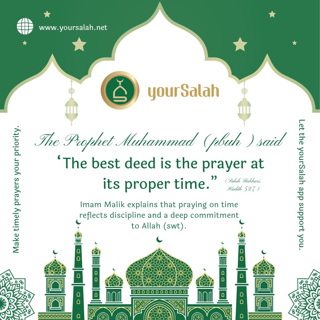 yoursalah2024's tweet image. 🌟 “The best deed is prayer at its proper time.” 🌟
🤲 Sahih Bukhari, Hadith 527. Timely Salah reflects discipline and sincere commitment to Allah.
📲 Learn more: yoursalah.net
#SalahMatters #TimelyPrayer #FaithJourney