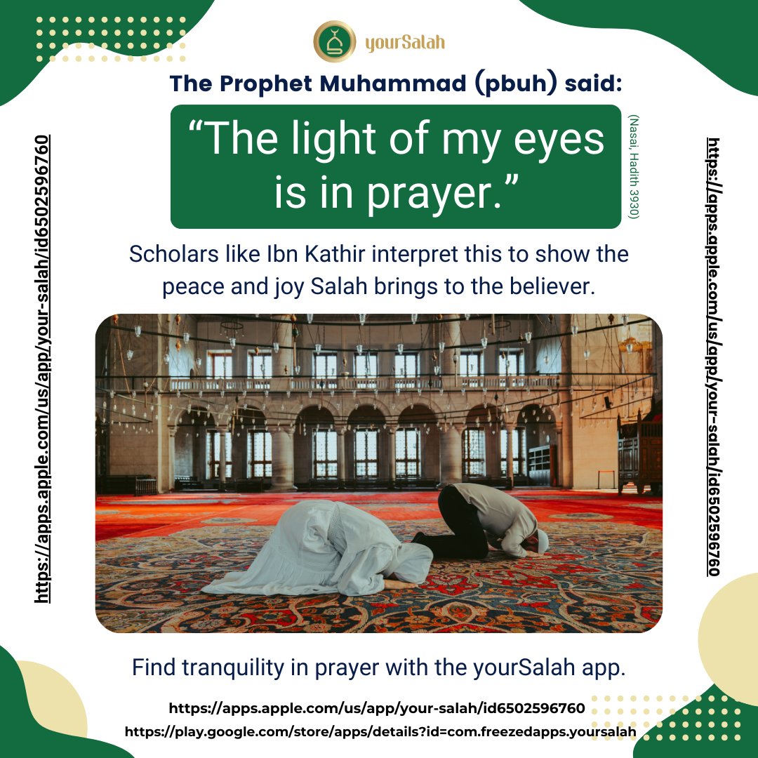 yoursalah2024's tweet image. 🌟 “The light of my eyes is in prayer.” 🌟
🤲 Nasai, Hadith 3930. Salah brings peace, joy, and illuminates the heart and soul.
📲 Learn more: yoursalah.net
#SalahMatters #LightOfPrayer #IbnKathir