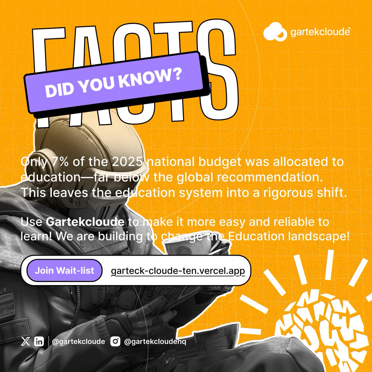 Nigeria allocates just 7% of its 2025 budget to education—far below the global standard of 15-20%. The result? Limited resources, poor infrastructure, &amp; untapped student potential.

Join waitlist to see how we tend to solve these issues!
garteck-cloude-ten.vercel.app

We are here #4U