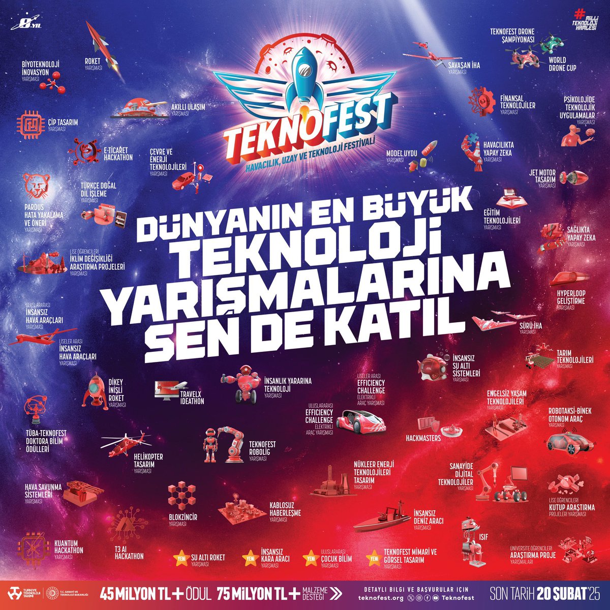 esteknikuniv's tweet photo. Dünyanın En Büyük Teknoloji Yarışmalarına Sende Katıl💫🚀

#TEKNOFEST 2025 Teknoloji Yarışmaları için başvurular BAŞLADI!

5️⃣1️⃣ Ana Kategori,
1️⃣1️⃣7️⃣ Alt Kategori

🗓 Son Başvuru › 20 Şubat 2025
👉 Detaylı Bilgi › https://t.co/DVlz6uaRZt https://t.co/0Y6eX5RKYd