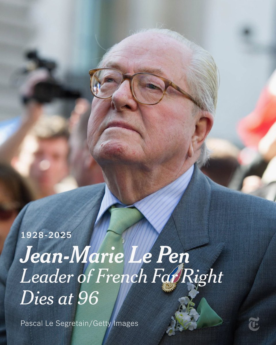 Breaking News: Jean-Marie Le Pen, the French far-right politician who rode waves of xenophobia as leader of the National Front party, died at 96. nyti.ms/4gVrK3M