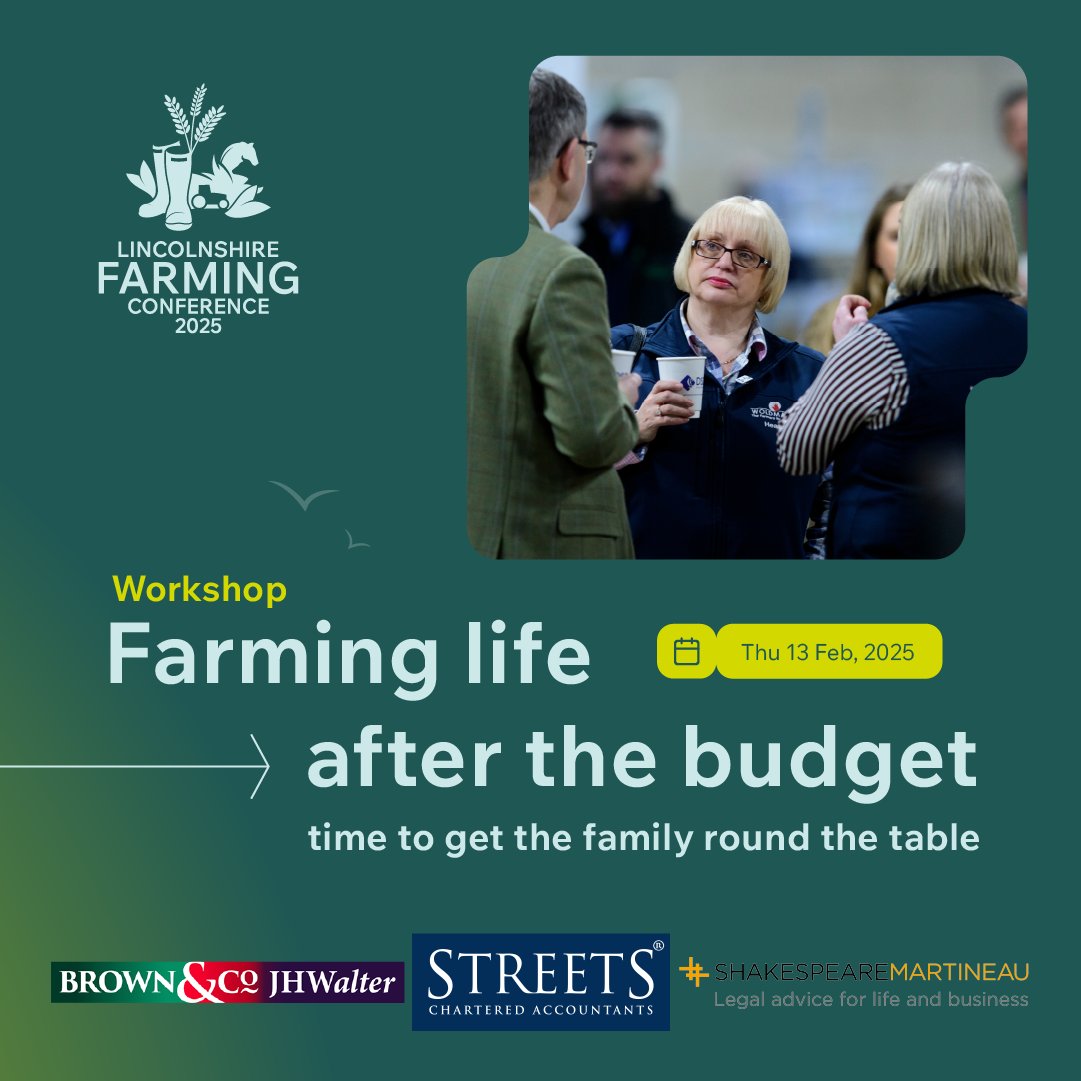 Join us at the Lincolnshire Farming Conference on 13th Feb 2025 for a workshop on life after the budget with experts <a href="/BrownCoJHWalter/">Brown&CoJHWalter</a>, <a href="/StreetsAcc/">Streets</a>, and @SHMALaw 🌱 🎟️ It starts at 10:45 — buy your tickets now! 🔗