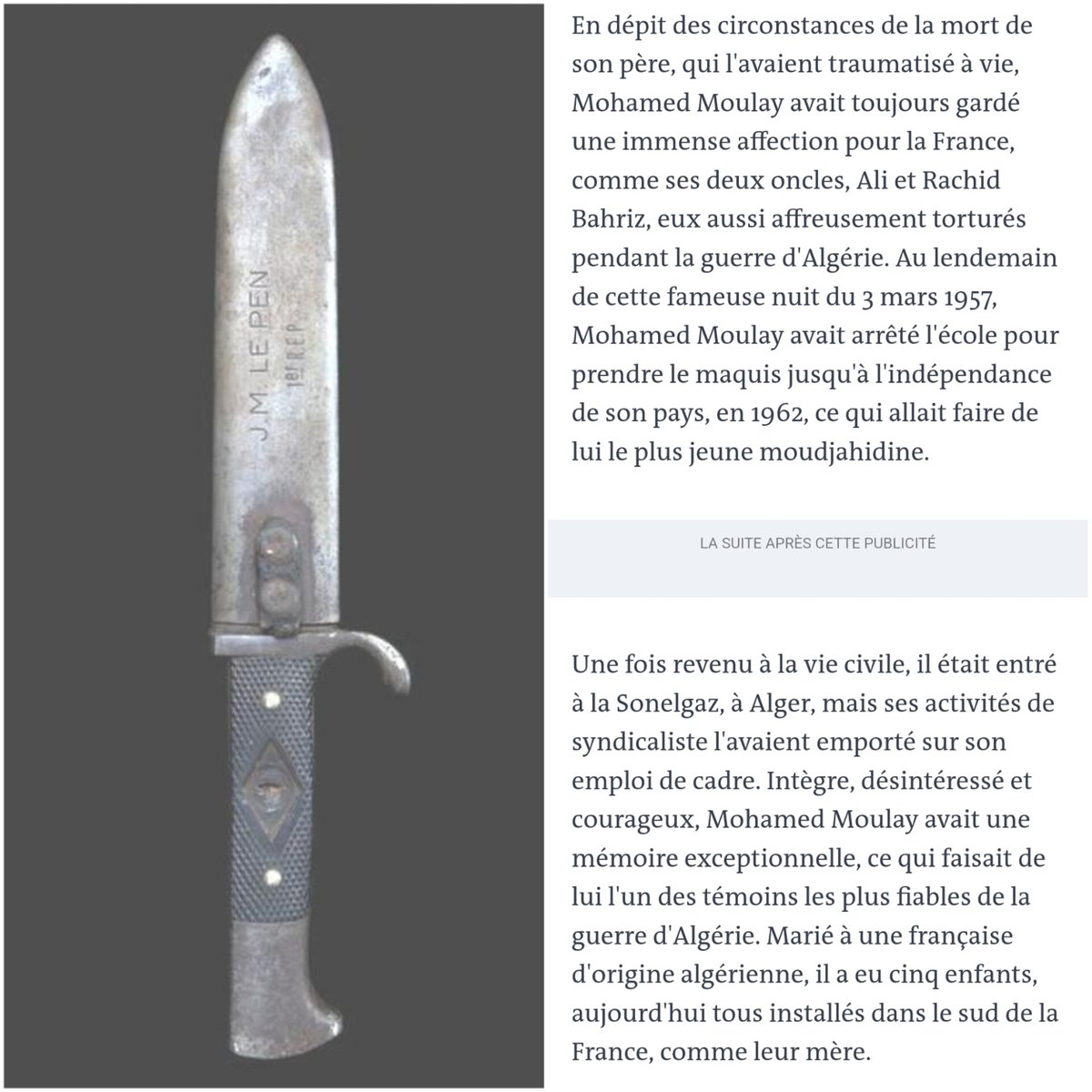 Tajmaat_Service's tweet image. Une pensée pour les enfants de Mohamed Moulay, qui, en ce jour, se remémorent le combat acharné mené par leur père.

Celui-ci avait lutté avec acharnement pour faire reconnaître les actes de torture infligés à son propre père par Jean-Marie Le Pen durant la guerre d'Algérie.