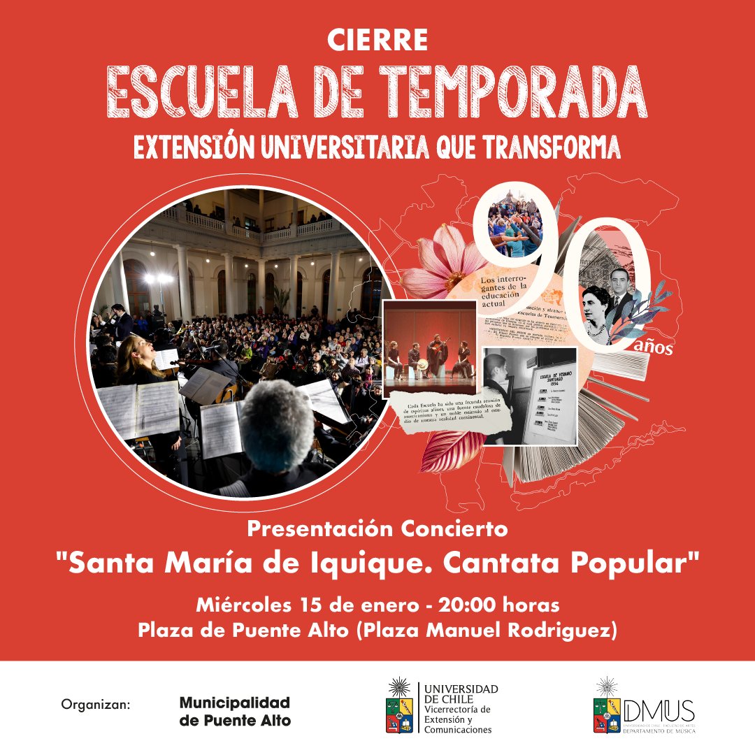 VEXCOM Uchile (@vexcom_uchile) on Twitter photo Este próximo miércoles 15 de enero a las 20:00 hrs se presentará en la Plaza de Puente Alto la histórica “Santa María de Iquique. Cantata popular”. La actividad es gratuita, por orden de llegada y es el acto de clausura de Escuela de Temporada de la <a href="/uchile/">Universidad de Chile</a> Este próximo miércoles 15 de enero a las 20:00 hrs se presentará en la Plaza de Puente Alto la histórica “Santa María de Iquique. Cantata popular”. La actividad es gratuita, por orden de llegada y es el acto de clausura de Escuela de Temporada de la <a href="/uchile/">Universidad de Chile</a>
