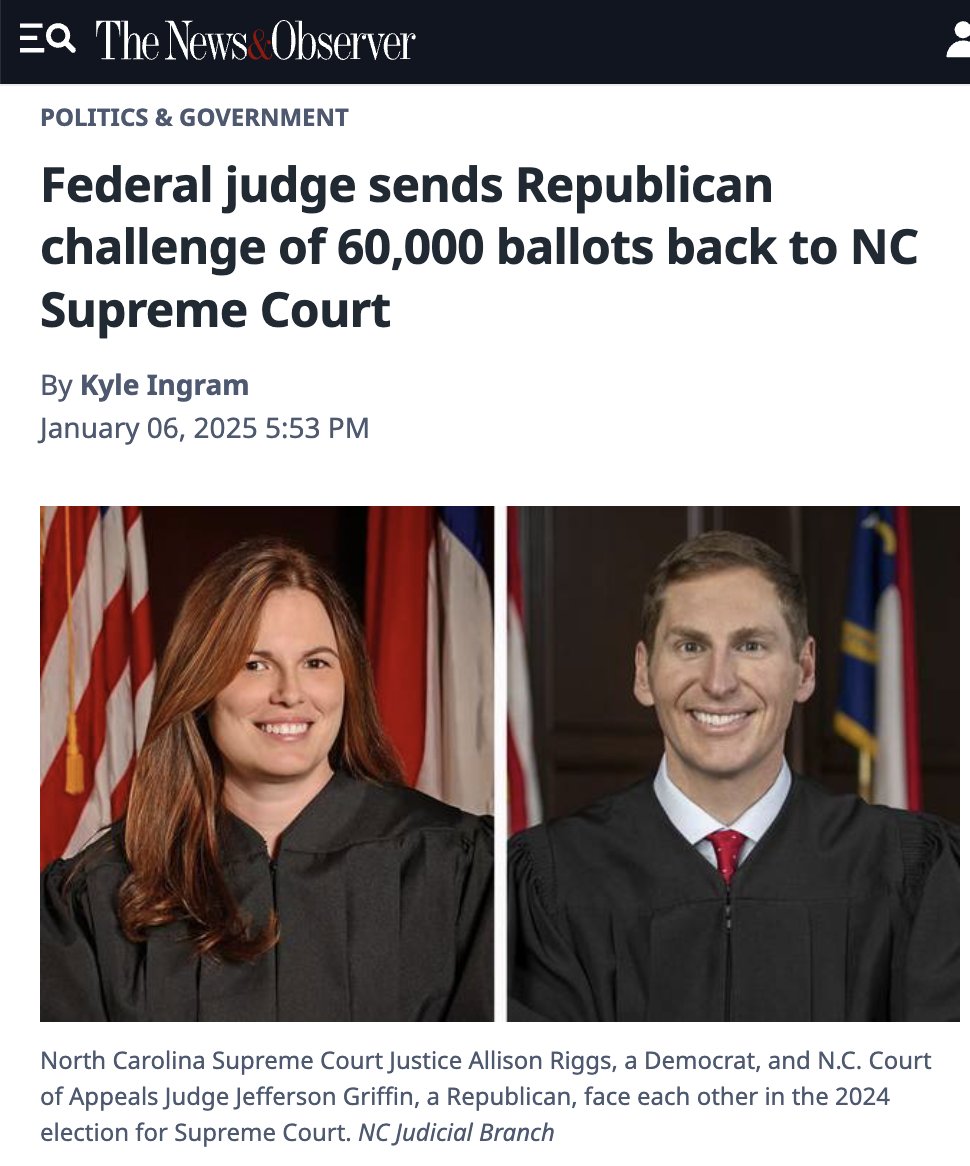 🚨THIS IS A BIG DEAL.🚨

Last night, a Trump-appointed federal judge sent back to North Carolina's Supreme Court the election challenge brought by Jefferson Griffin, the Republican candidate who lost this past election for our state supreme court. Griffin is asking the court to