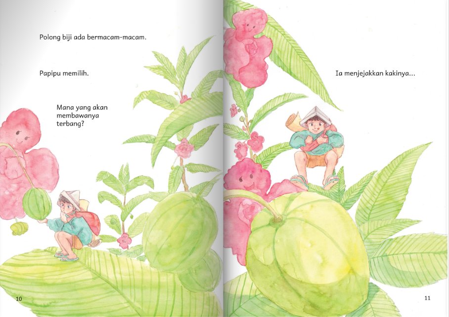 bibabercerita's tweet image. Hari-hari nangisin buku anak Indonesia yang 'tersembunyi', padahal secantik ini, gratis, dan ceritanya unik:

Soal liliput yang ngelakuin perjalanan dengan naik benih-benih terbang dari tumbuhan lokal kita 😭
Kayak sintrong, pacar air, biji kencana, dll.