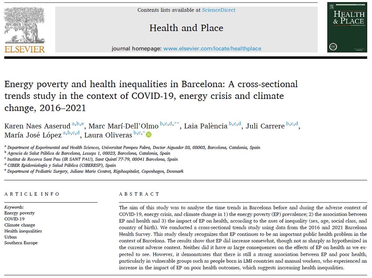🧵 New study alert! 📢 "Energy poverty and health inequalities in Barcelona: A cross-sectional trends study in the context of COVID-19, energy crisis and climate change, 2016–2021" 🌍🏠 Read more:
sciencedirect.com/science/articl…
#EnergyPoverty #HealthInequality #Barcelona