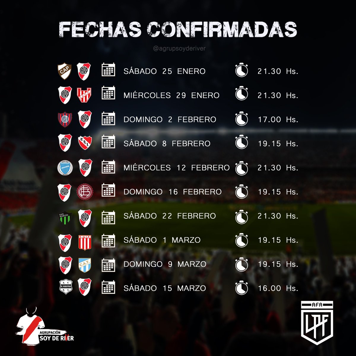 📆 𝗙𝗘𝗖𝗛𝗔𝗦 𝗟𝗜𝗚𝗔 2️⃣0️⃣2️⃣5️⃣
📋⚽ Se confirmaron los días y horarios de las primeras 10 fechas de La <a href="/LigaAFA/">Liga Profesional de Fútbol</a> 2025.
•
El Millonario debuta en el plano local el 📆 sábado 25 de enero a las 🕑 21.30 Hs. 🆚️ Platense