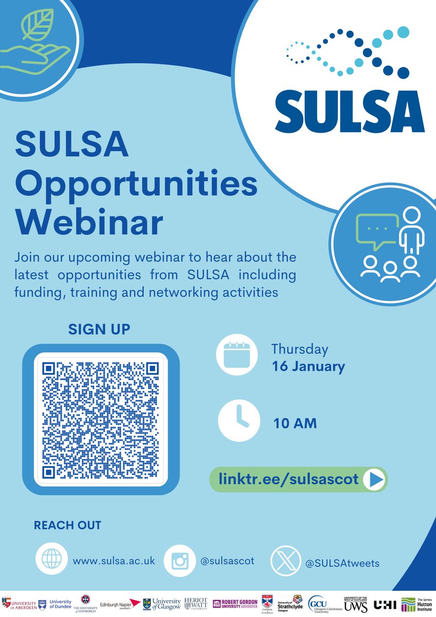 Happy 2025 to you all! 🎉 

Tune in for our Opportunities Webinar to learn about the latest SULSA opportunities including funding calls, training and networking activities for the year ahead! 📝 

📆 16 January 
🕙 10.00
💻 MS Teams 
Register here: buff.ly/3YVbh8h