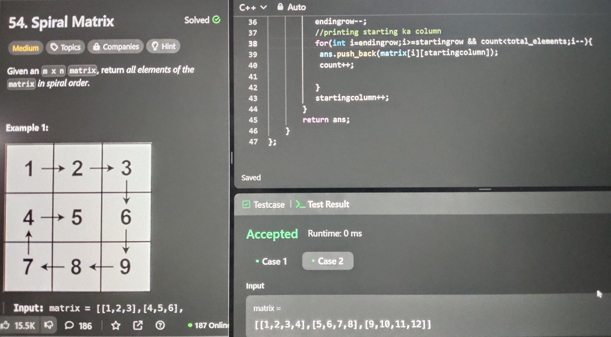 ASHUTOSHKU93588's tweet image. #Array
#question 54
#SpiralMatrix