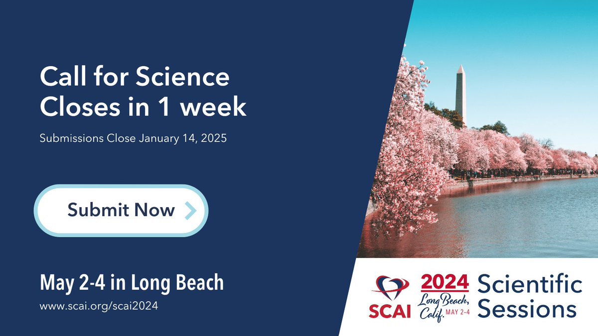 SCAI's tweet image. 📢 Deadline approaching! You have only ONE WEEK left to submit your science for #SCAI2025. Showcase your work and contribute to the future of #cardiovascular care. Submit today ➡️ scai.org/scai-2025-scie…

#CallForScience #InterventionalCardiology #Research @MyJSCAI