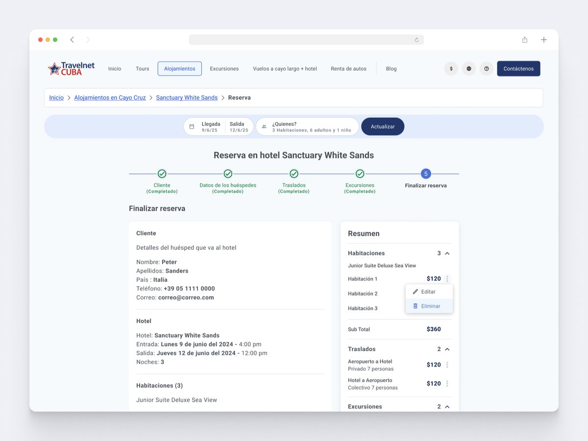 ErickErickerd's tweet image. Working on a hotel reservation summary, do you think the menu to edit or delete rooms is a good solution? Made with #Primevue  #ux #uxdesign #ui #uxui #uidesignpattern #design #designthinking #travelnetcuba #hotels #travel #cuba Portfolio: erickuxui.com