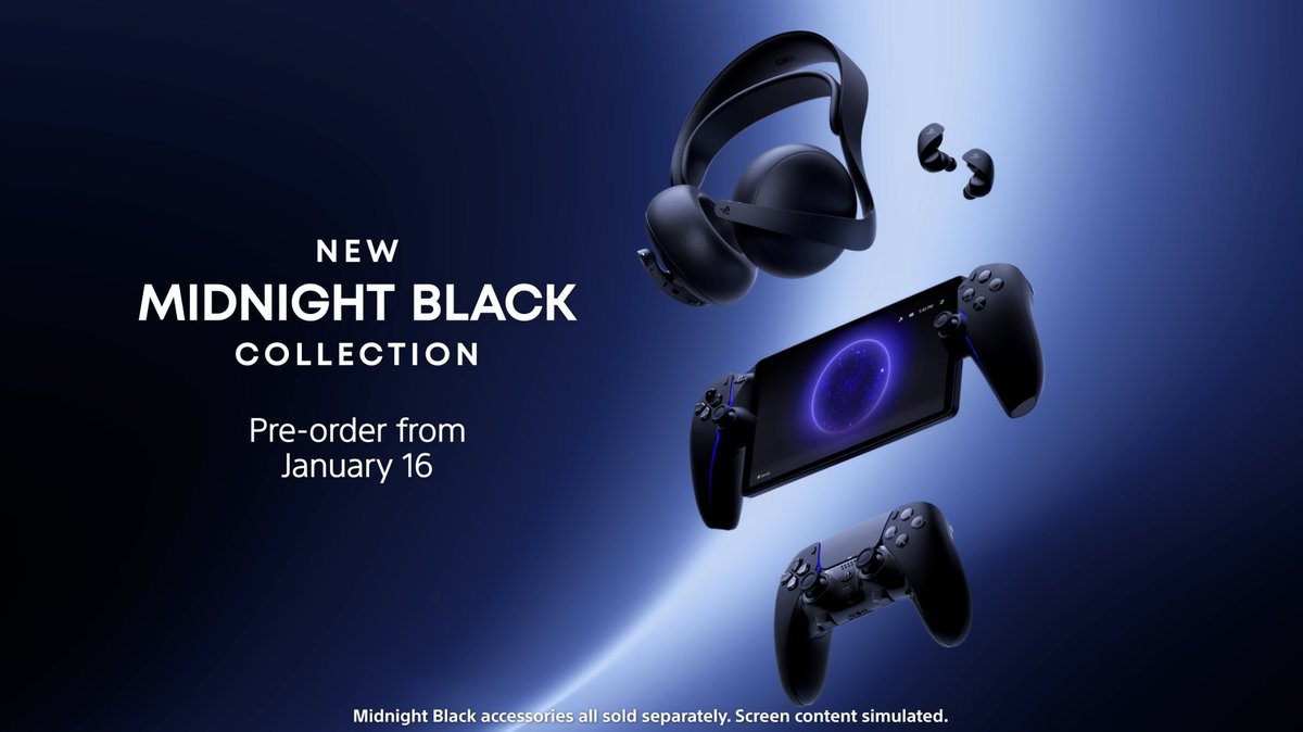 SpawnPoiint's tweet photo. PlayStation's NEW Midnight Black collection:
+ DualSense Edge
+ PlayStation Portal
+ PULSE Elite
+ PULSE Explore

Available February 20th. Preorder January 16th. https://t.co/xPGpCTOWRf