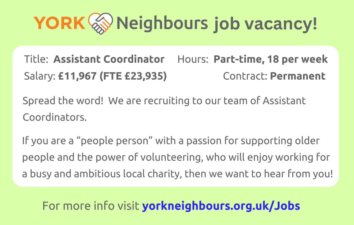 ☀️ It's a New Year, so new opportunities beckon, and we've got a job going❗️

If you're interested, we'd love to hear from you 👍 and if you know others who might be, we'd be most grateful if you could help to spread the word 🙌

See yorkneighbours.org.uk/jobs/ for more info 👈