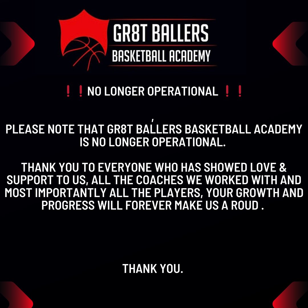 ❗️❗️ANNOUCEMENT❗️❗️

Please note that GR8T Ballers Basketball  Academy is no longer OPERATIONAL. 

For those who are willing to enroll their kids for basketball training/academy, please contact Little Hearts Academy or call 77420090/ 76252963

Thank you.