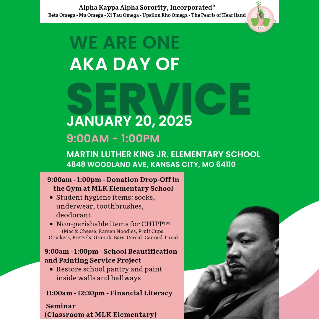Join Alpha Kappa Alpha Sorority, Inc, Greater KC Graduate Chapters and The Pearls of Heartland for the We Are One- AKA MLK Day of Service on Monday, January 20, 2025!  REGISTER NOW! #AKAMLKDayOfService #CommunityEmpowerment #MakeADifference #SoaringwithAKA #AKA1908 #mwrpinkprint