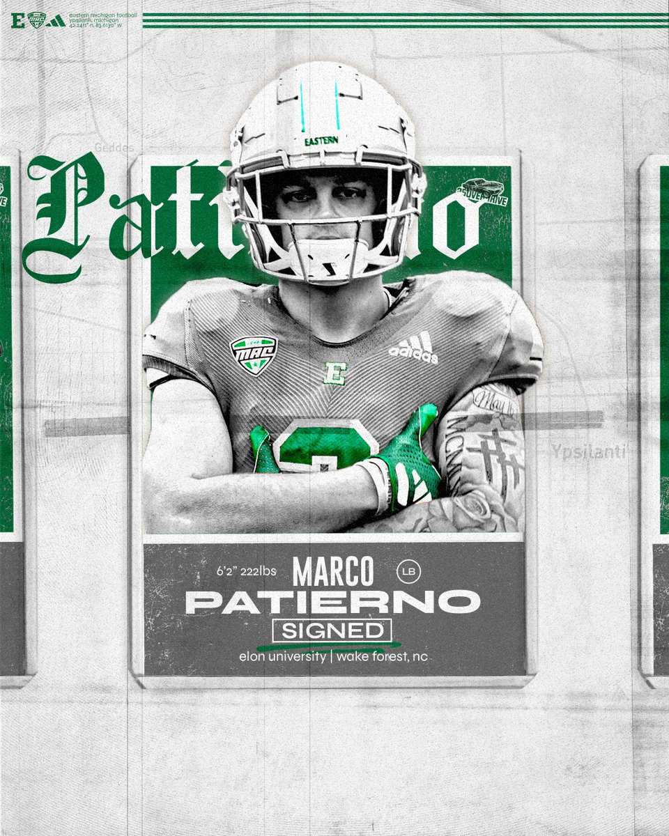 Eastern Michigan Football (@emufb) on Twitter photo Welcome <a href="/mpatierno14/">Marco Patierno</a> to YPSILANTI! π¦
π LB
π« Elon
π Wake Forest, NC
π¬ Reese's Cups
#ETOUGHβοΈ Welcome <a href="/mpatierno14/">Marco Patierno</a> to YPSILANTI! π¦
π LB
π« Elon
π Wake Forest, NC
π¬ Reese's Cups
#ETOUGHβοΈ
