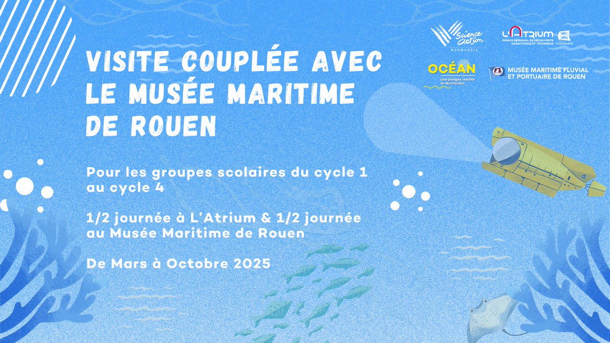 🌊 Du 3 mars au 31 octobre 2025, découvrez la visite couplée autour de la mer et de la navigation entre l’Atrium et le Musée Maritime de Rouen, spécialement conçue pour les groupes scolaires de tous cycles. 🎟️ Infos et réservations sur notre site : bit.ly/489kD4C