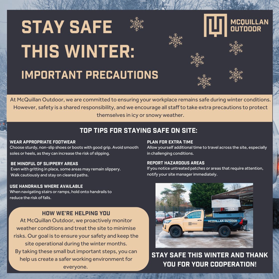 Top Tips for Staying Safe this Winter!

If you have any gritting queries, please don't hesitate to reach out directly to our team at McQuillan Outdoor. 

Outdoor@mcqcos.com

Let’s work together to ensure a safe and efficient winter season for everyone!