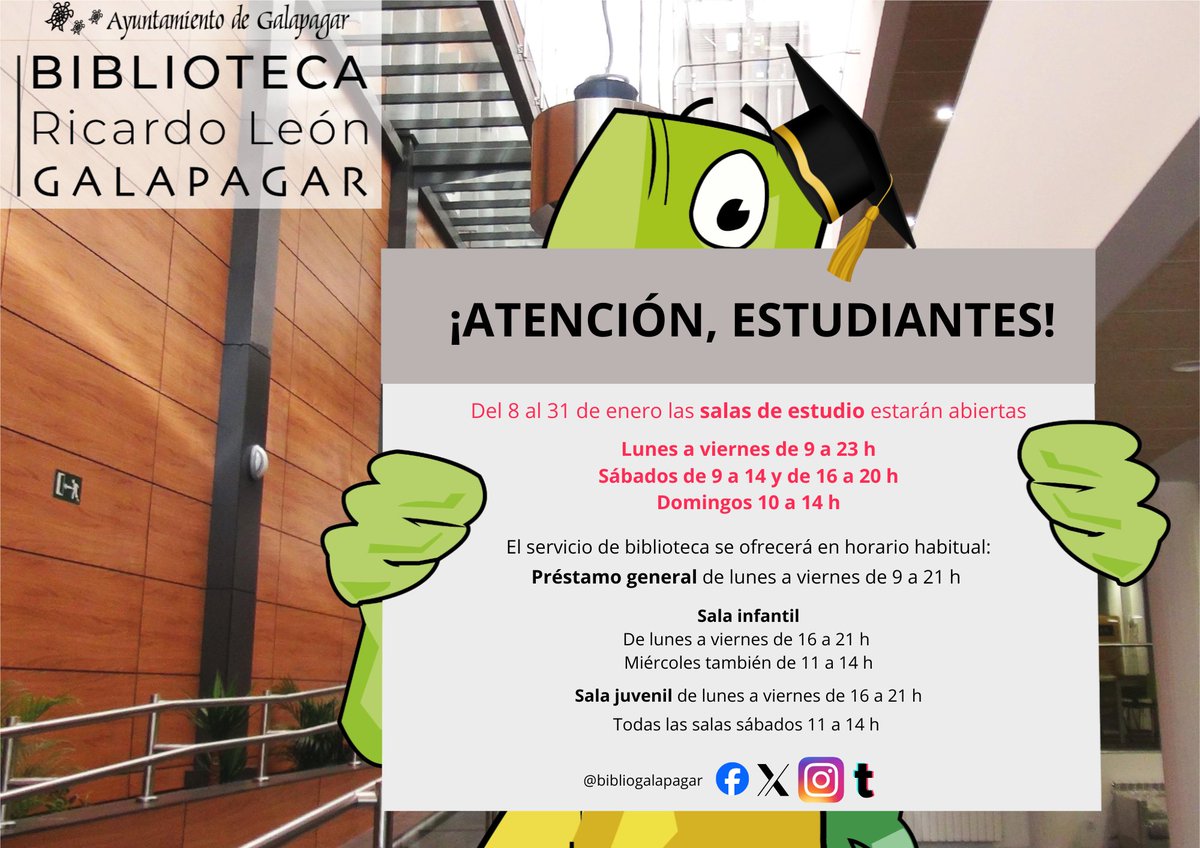 📢 ¡Atención! 
📚 Ampliamos el horario de nuestras salas de estudio ¡toma nota! y... ¡mucha suerte en tus exámenes! 🍀