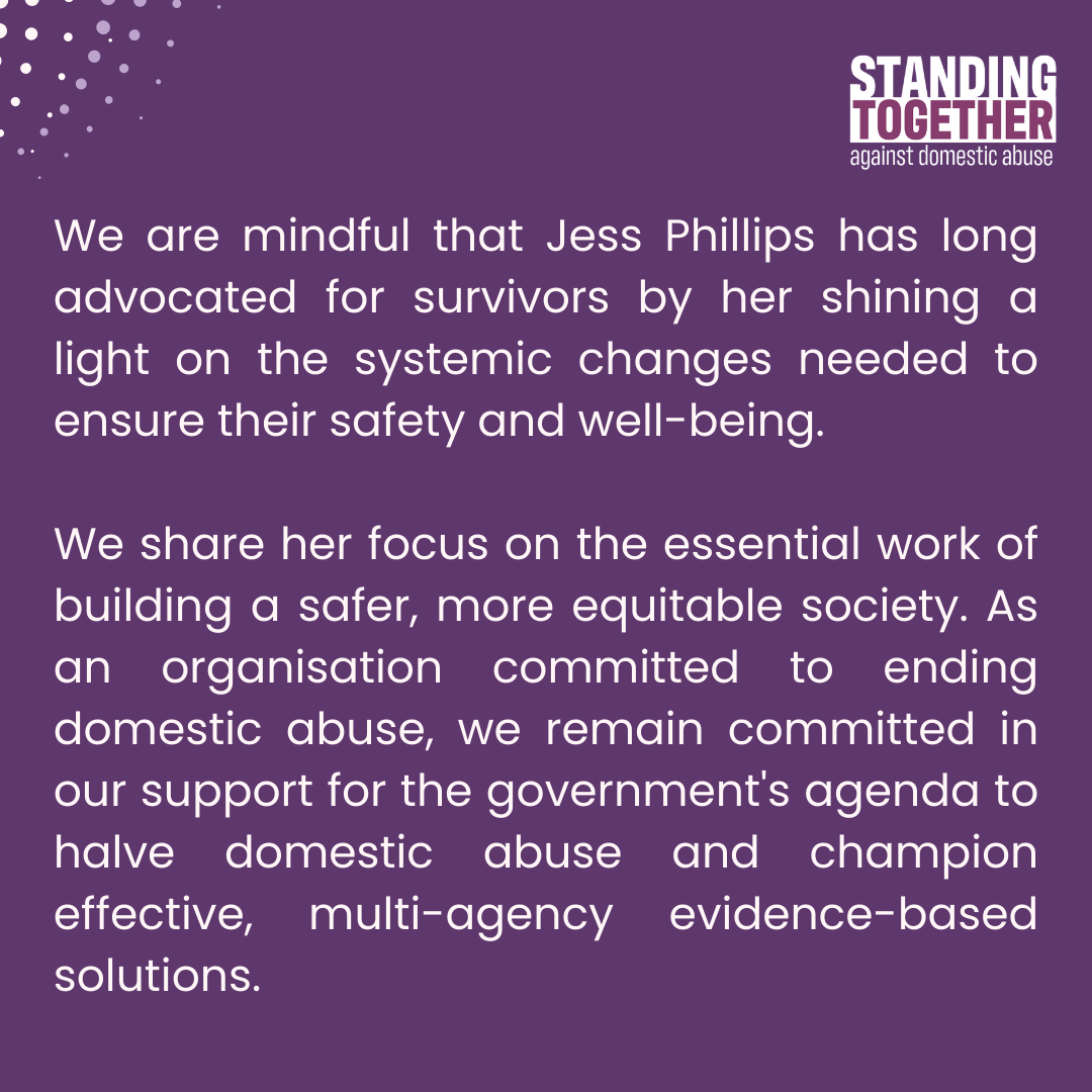 STagainstDA_'s tweet photo. Standing Together stands with Jess Phillips MP

We reject unfounded criticisms that detract from vital work to protect survivors of domestic abuse. Together, we support the agenda to halve DA &amp; end VAWG through systemic change and evidence-based solutions.

#EndDomesticAbuse https://t.co/CWHNpgDG90